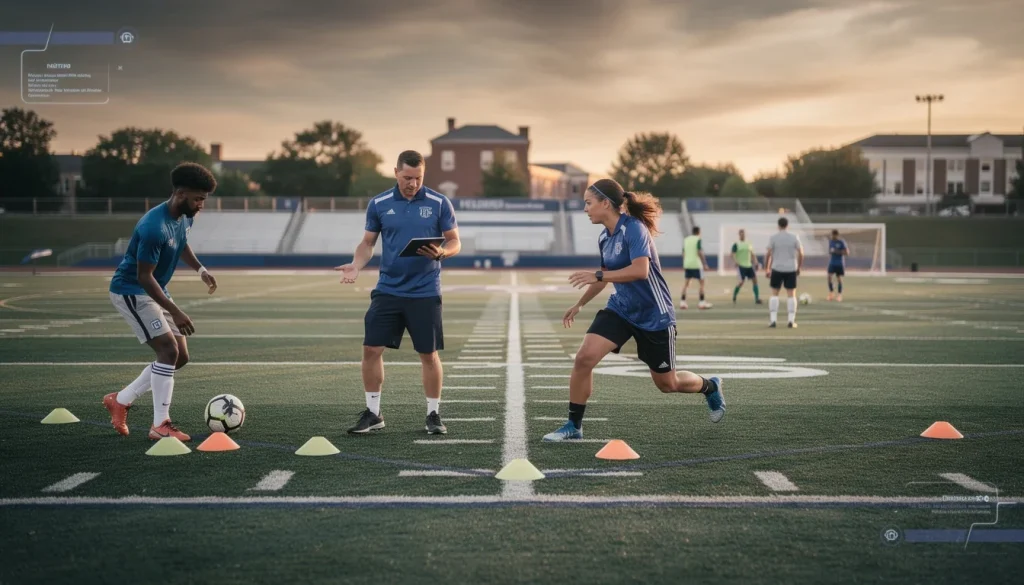 A professional team working on development paths at mid tier d1 soccer solutions in a modern office environment