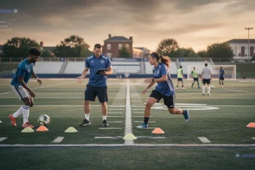 A professional team working on development paths at mid tier d1 soccer solutions in a modern office environment