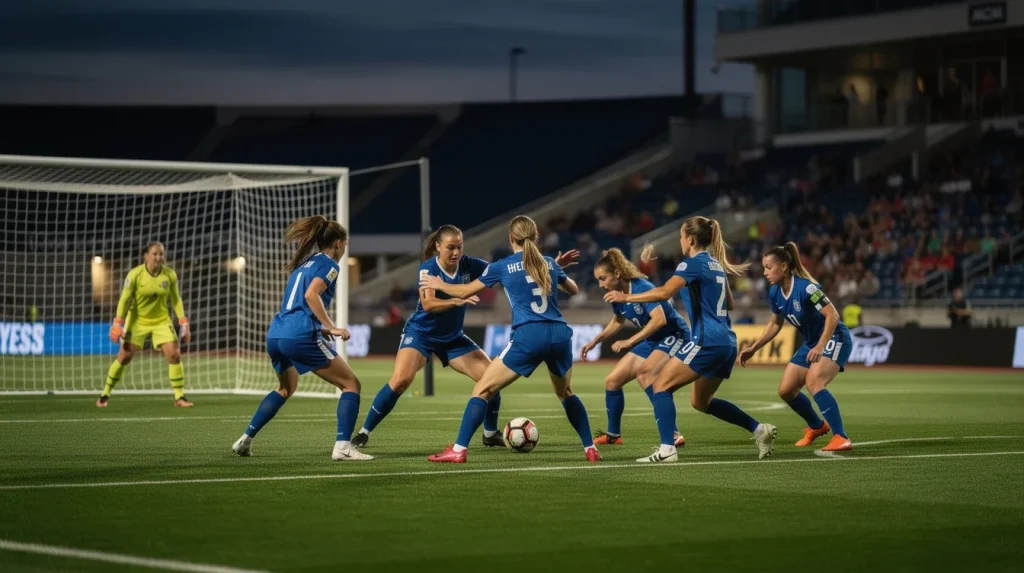 A professional team working on innovative set piece strategies ncaa women's soccer solutions in a modern office environment