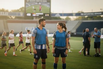 A professional team working on mid-season d1 soccer transfer effects solutions in a modern office environment