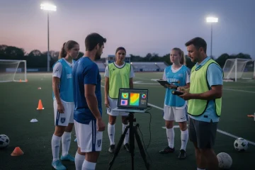 A professional team working on performance analytics adoption in small d1 soccer solutions in a modern office environment