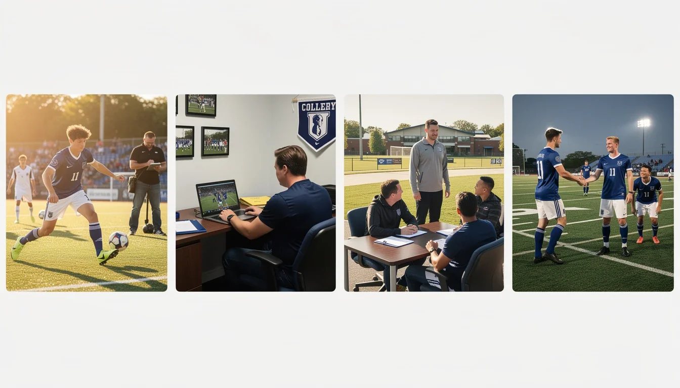 A step-by-step visual process guide demonstrating how recruiting pipelines in smaller d1 soccer programs works