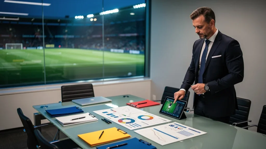 A professional team working on midseason international transfer evaluation checklist solutions in a modern office environment