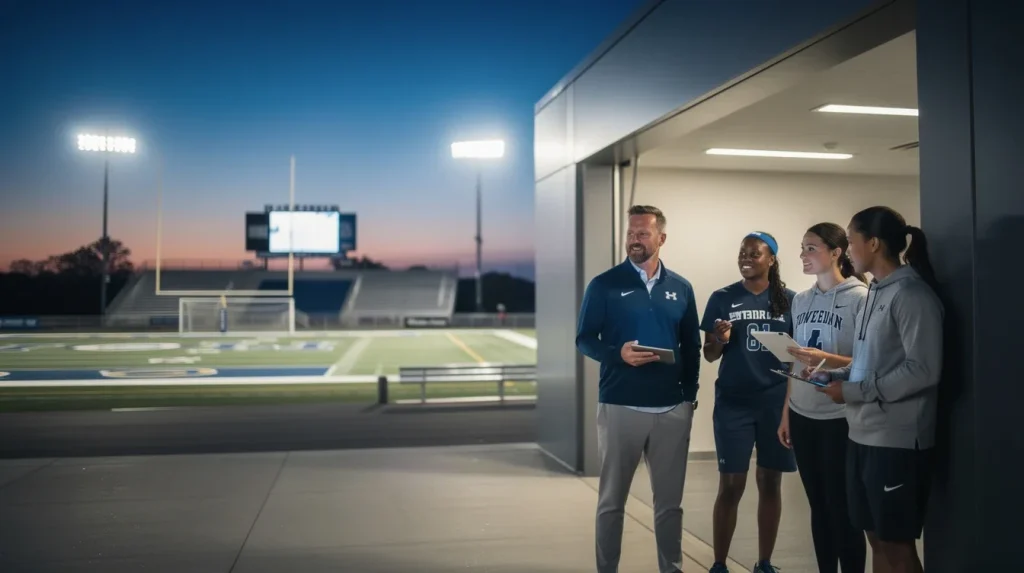 A professional team working on transfer portal success strategies smaller ncaa programs solutions in a modern office environment