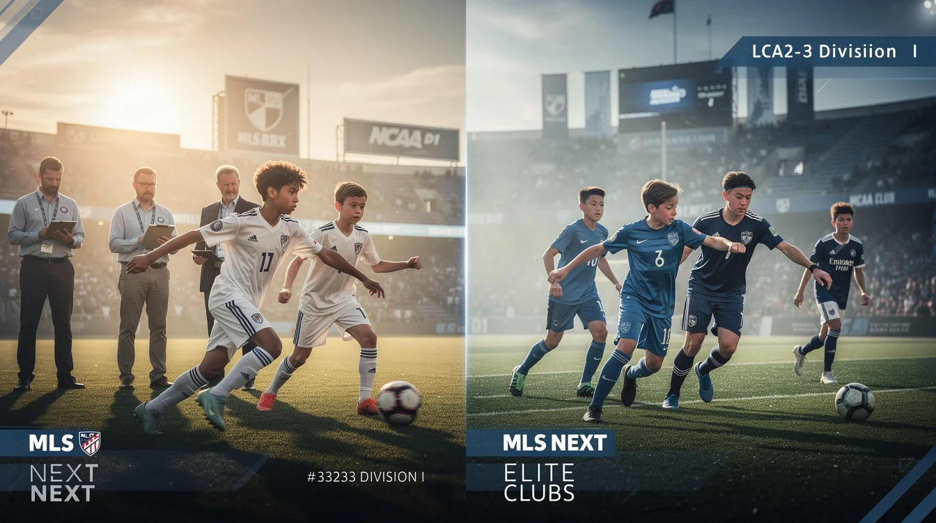 An illustrated diagram showing the key benefits of ncaa d1 recruiting outcomes mls next vs elite clubs strategies