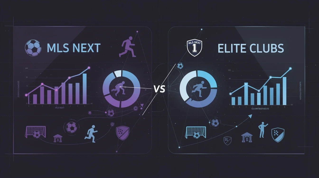 A summary infographic highlighting best practices for ncaa d1 recruiting outcomes mls next vs elite clubs