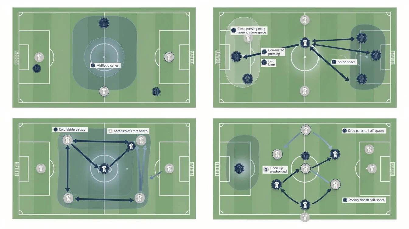 A step-by-step visual process guide demonstrating how space control tactics for college midfielders works