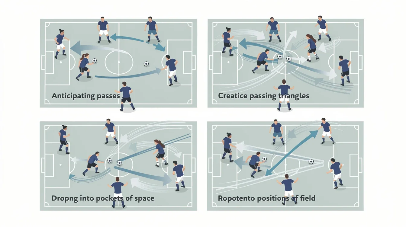 A step-by-step visual process guide demonstrating how spatial awareness techniques for college midfielders works