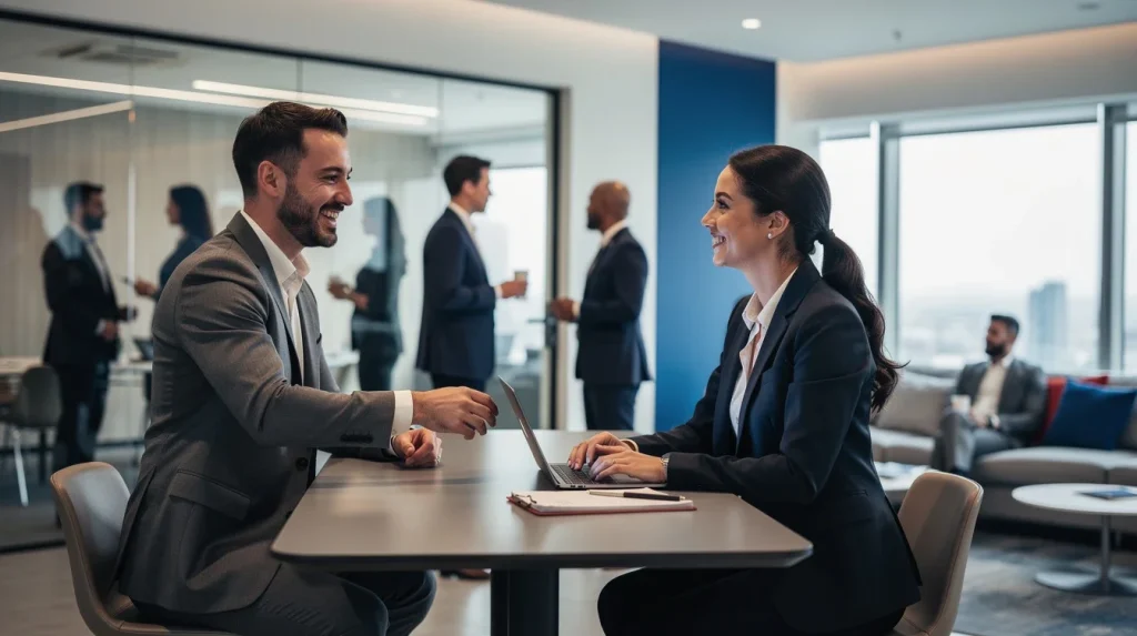 A professional team working on building recruiter relationships outside email solutions in a modern office environment