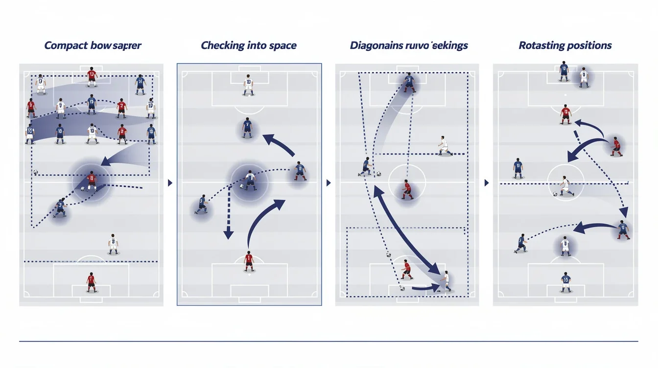 A step-by-step visual process guide demonstrating how off-ball movement tactics for college midfielders works
