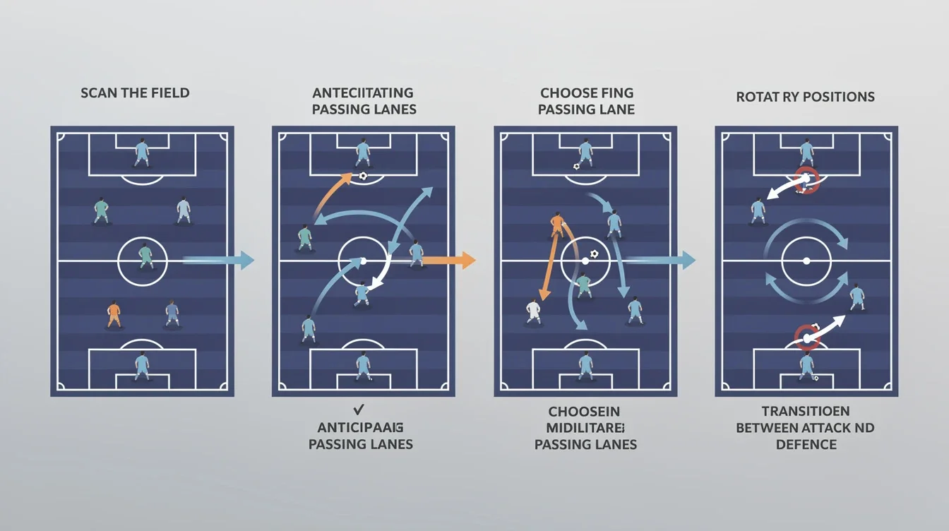A step-by-step visual process guide demonstrating how midfield visualization decision-making drills works