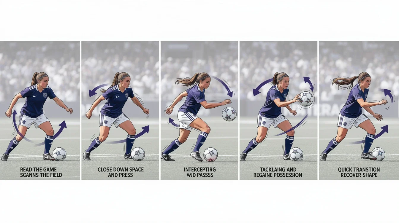 A step-by-step visual process guide demonstrating how defensive midfielder skillset in women’s ncaa soccer works