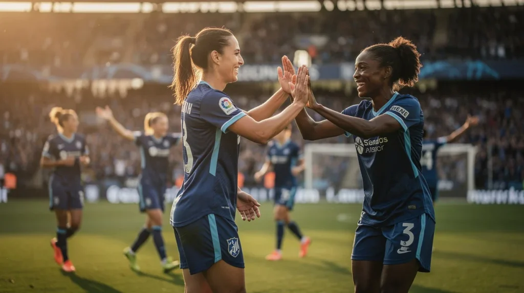 A professional team working on successful midseason transfer integration women’s soccer solutions in a modern office environment